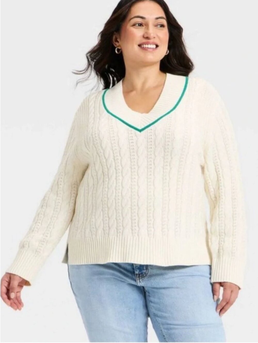 Women's Long Sleeve Cable Knit V-Neck Pullover Sweater - Ava & Viv Cream 3X